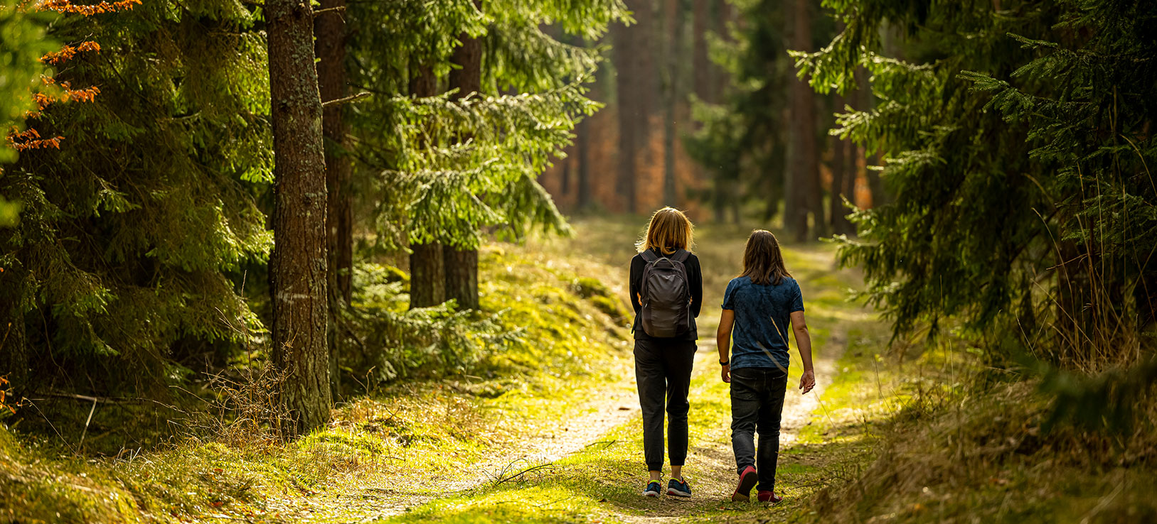 Two women hike together in forest